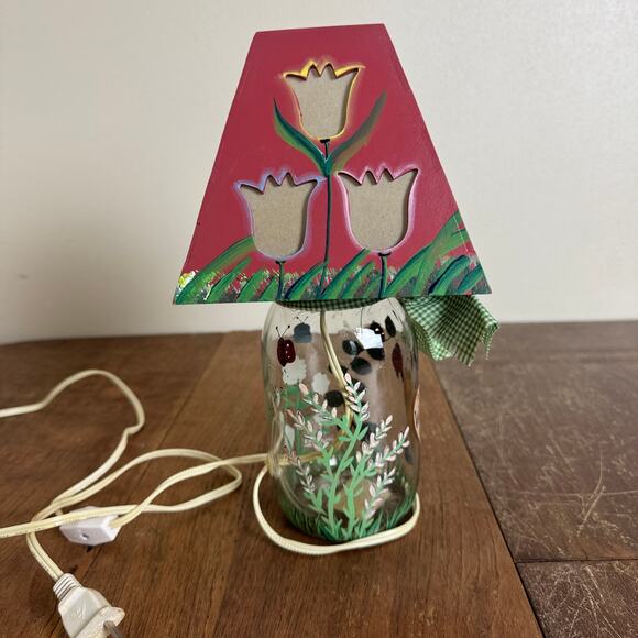 Hand Crafted mason jar lamp floral WELCOME Tulip cutout on shade WORKS - Picture 7 of 9